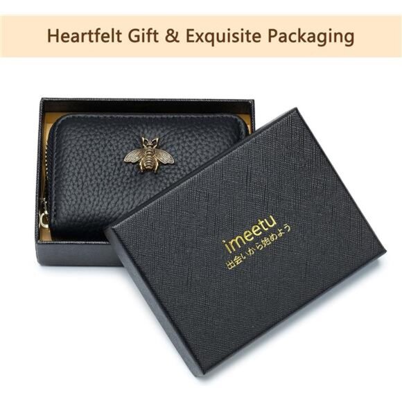 RFID Leather Card Holder Wallet for Women Small Zipper Coin Purse Bee Design - Picture 3 of 7